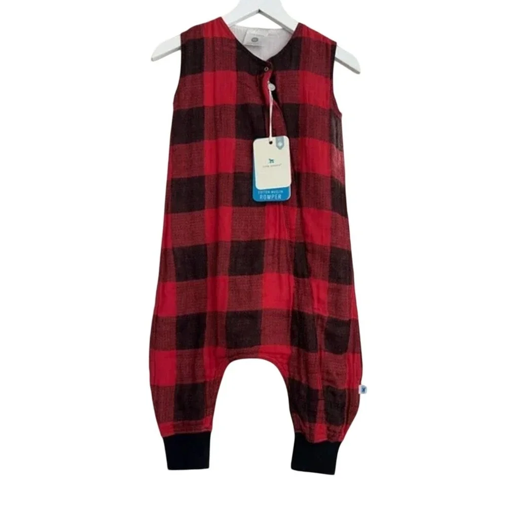 Little Unicorn Cotton Muslin Romper Red Plaid Medium NWT